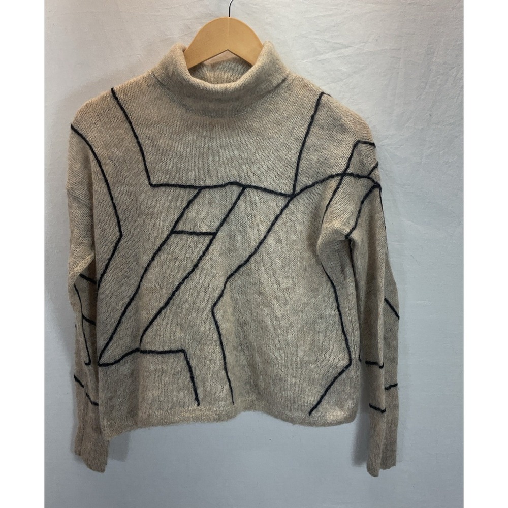 RAG & BONE Turtleneck Sonya Tan Black trim LOOSE KNIT Alpaca Sweater Boxy XS